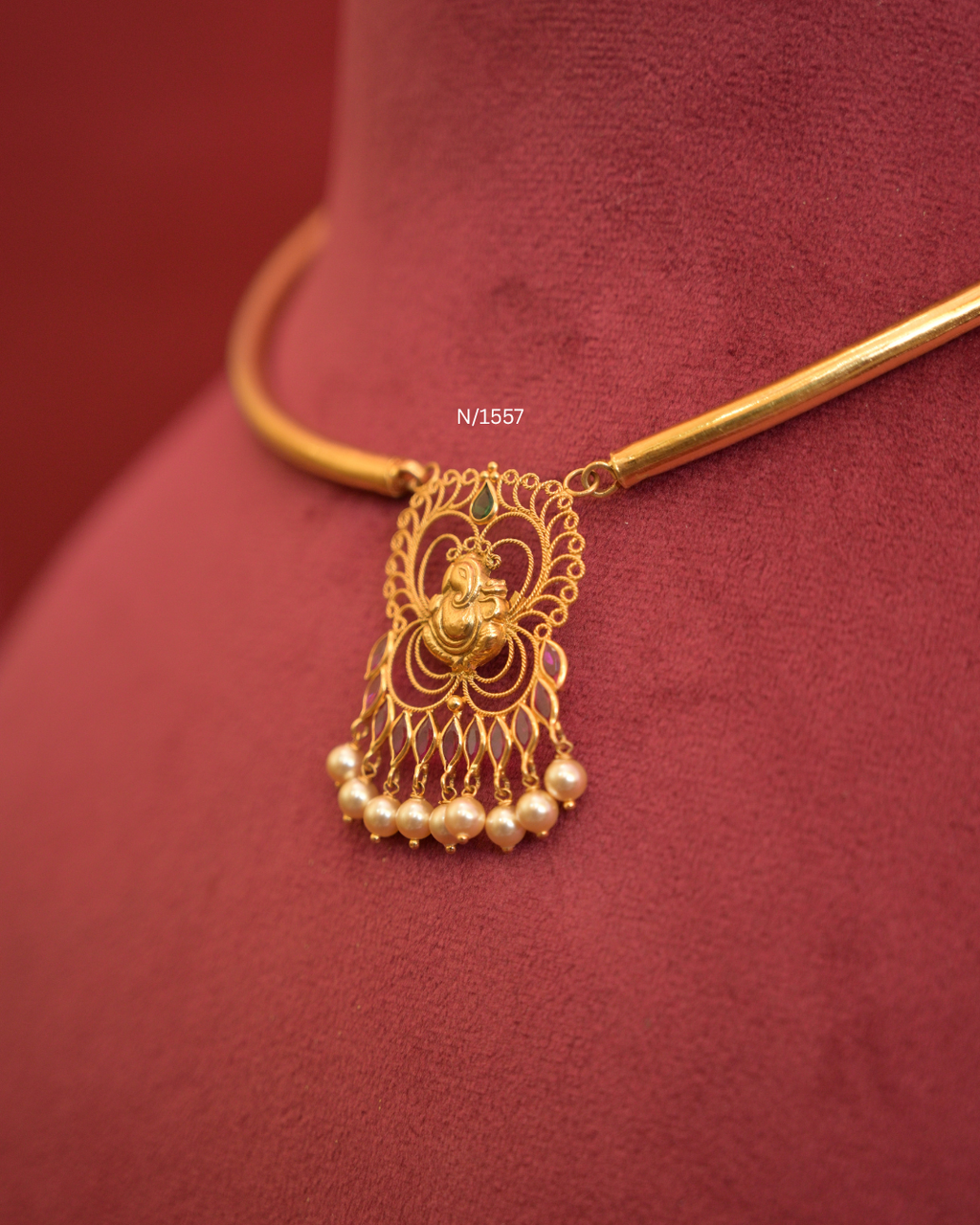 Lord Ganesha Filigree Pendant Tubular Hasli Necklace with Rubies & Pearl Drops| SKU: N/1557