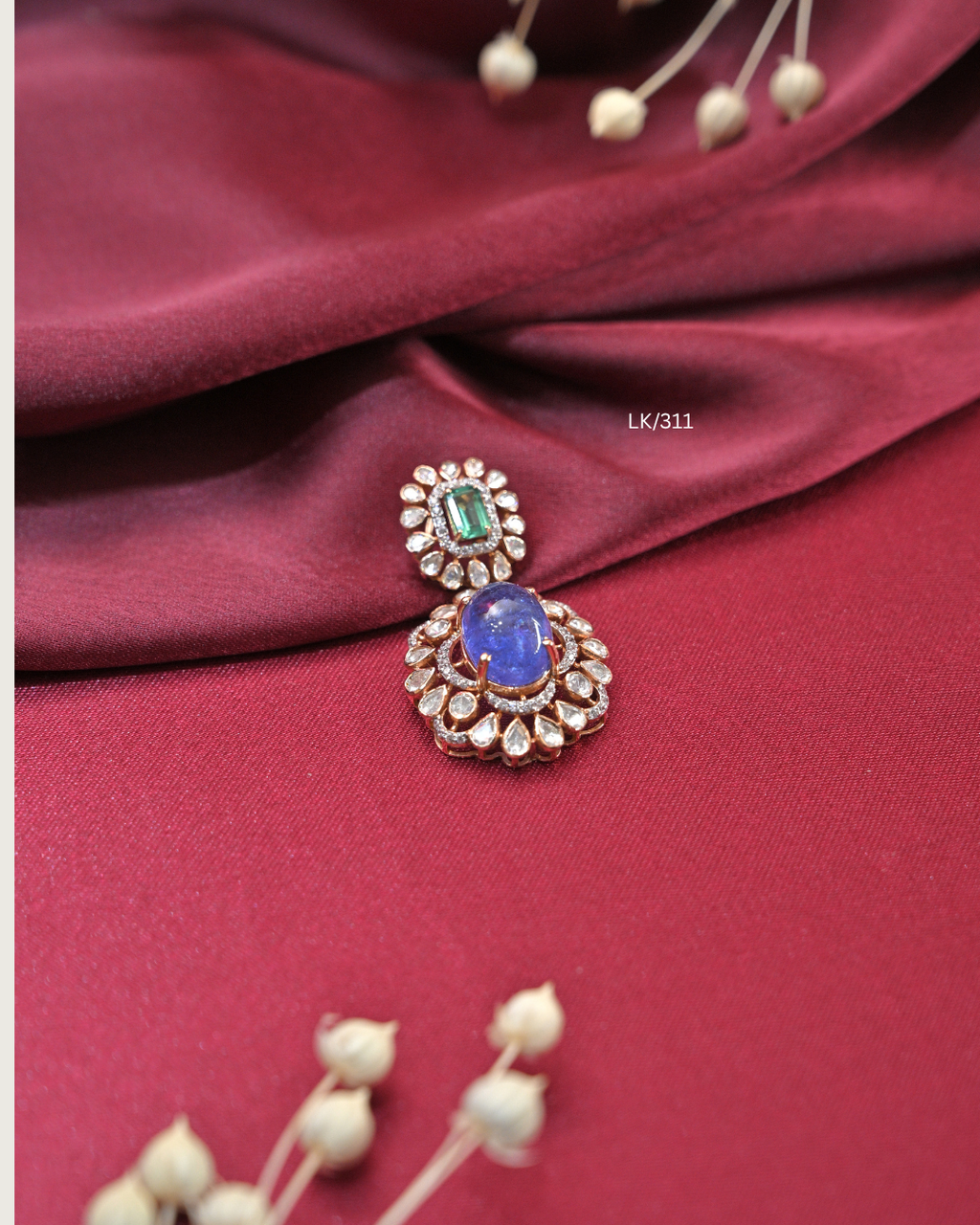 Oval Tanzanite & Square Emerald Dual Halo Pendant |SKU: LK/311