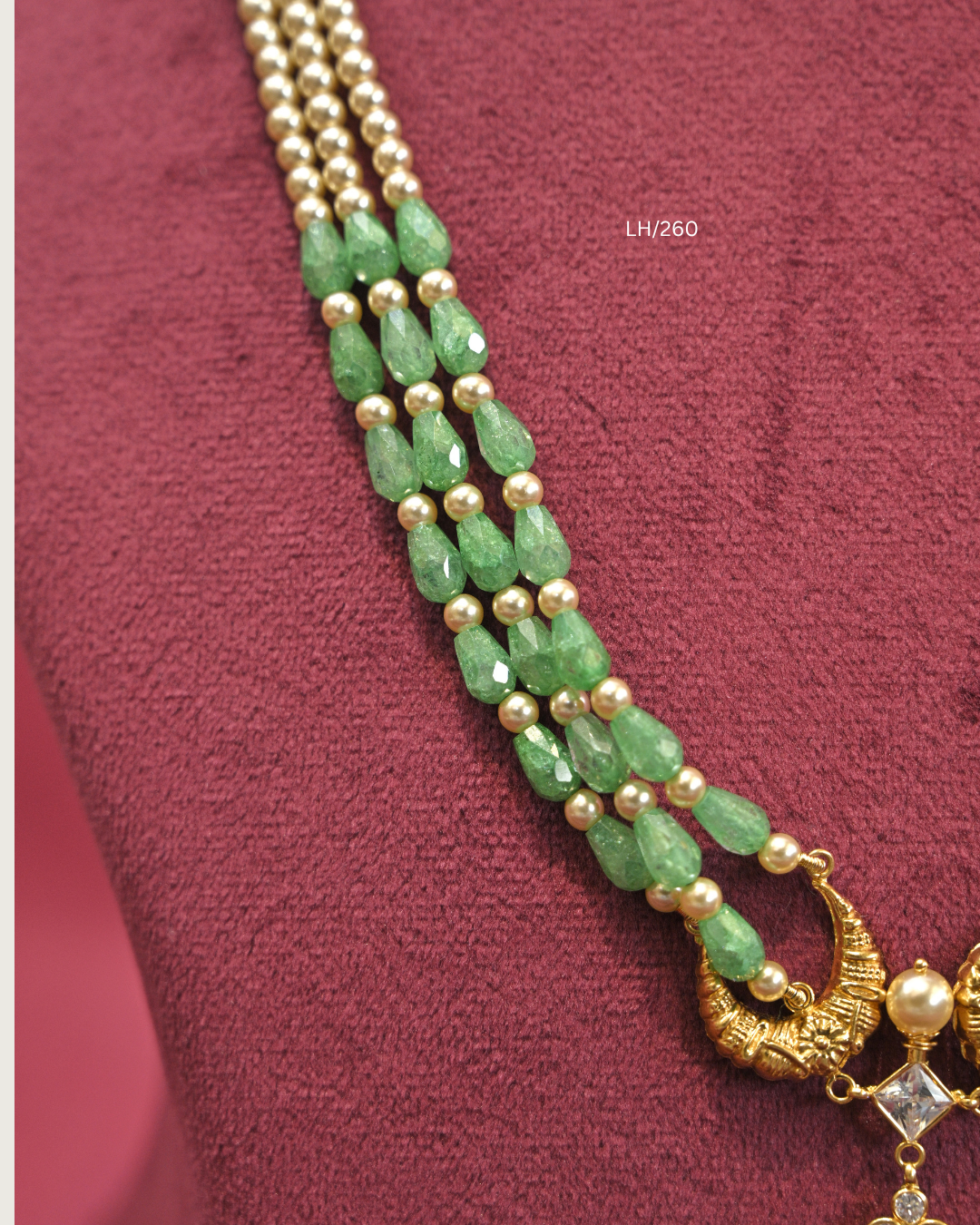 Three-Strand Pearl & Sea Green Emerald Bead Haram with Symmetrical Pearl Cluster Drops| LH/260