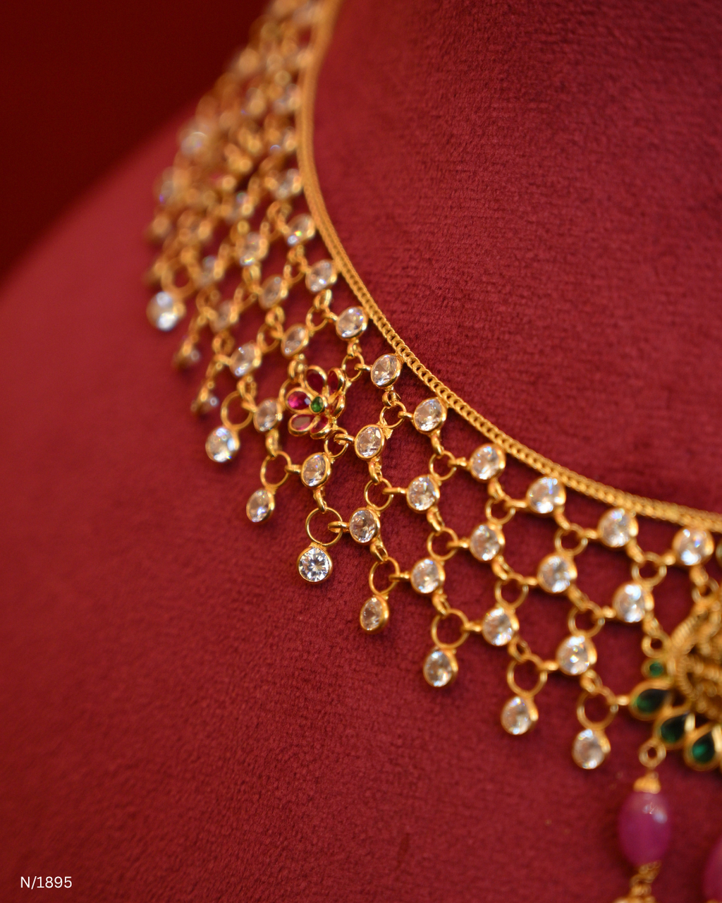 Traditional CZ Mesh Openwork Temple Choker with Goddess Lakshmi & Ruby Bead Drops | SKU: N/1895