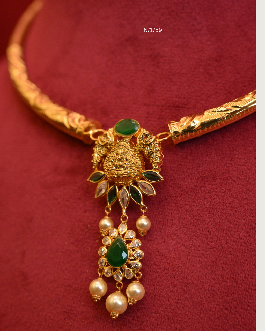 Goddess Lakshmi & Twin Elephant Nakshi Tiered Pendant Tubular Hasli Necklace with Emeralds, CZ & Pearl Drops | SKU: N/1759
