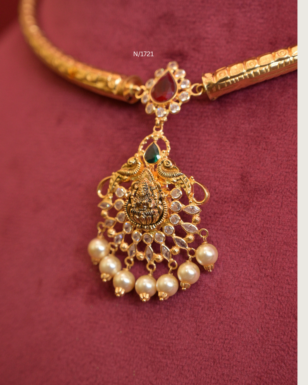 22kt Gold Goddess Lakshmi & Peacock Nakshi Pendant Tubular Hasli Necklace with Teardrop Ruby, CZ & Pearl Drops | SKU: N/1721