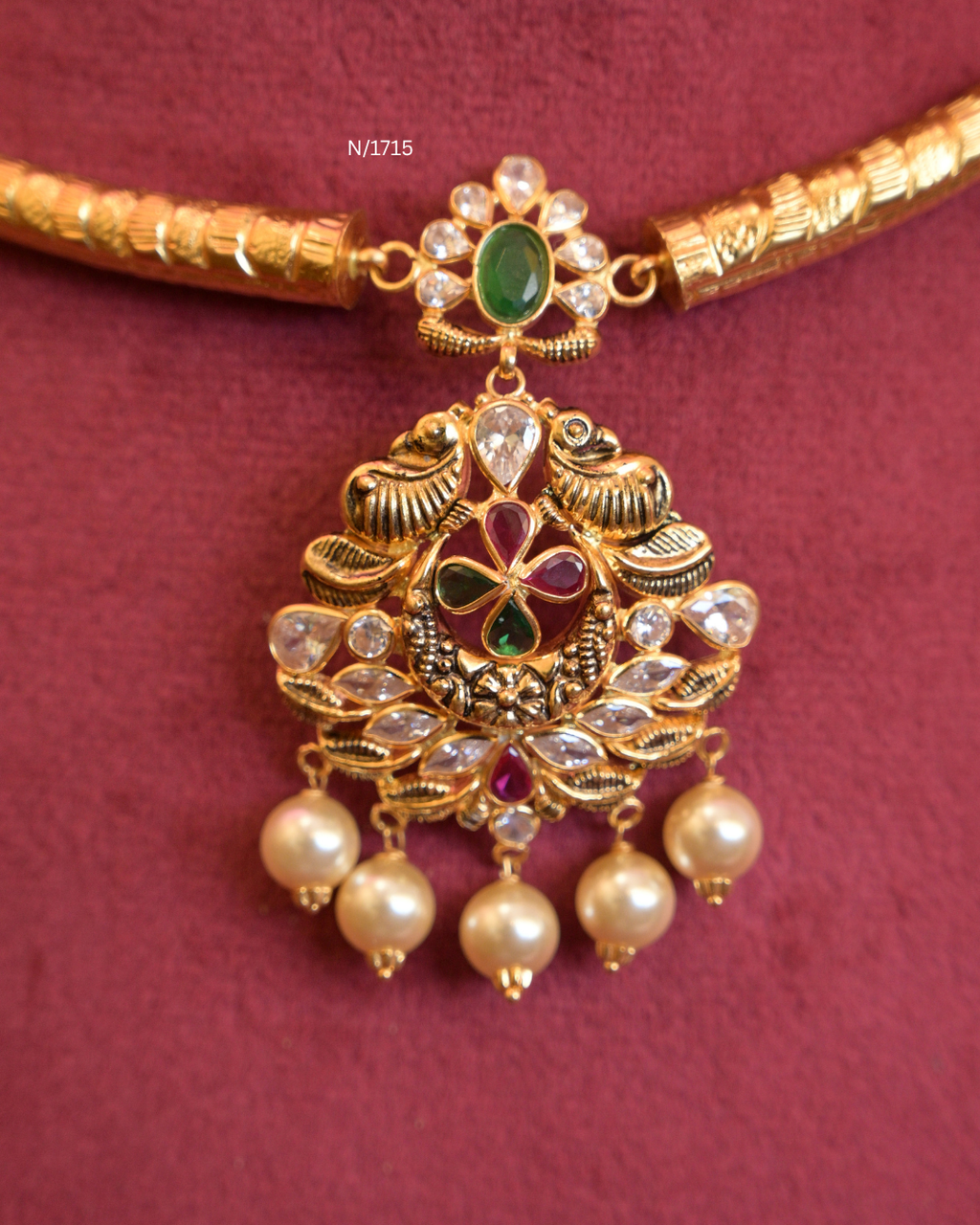 Twin Peacock Floral Ruby & Emerald Pendant Tubular Hasli with Marquise CZ & Pearl Drops |SKU: N/1715