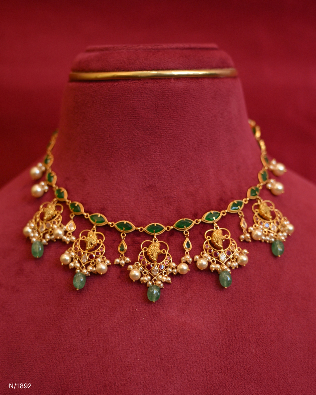 Traditional Marquise Emerald Station Choker with Temple Medallions, Pearl Clusters & Emerald Drops | SKU: N/1892