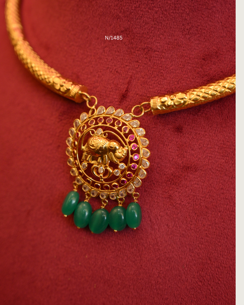 Royal Elephant (Gaja) Nakshi Medallion Pendant Tubular Hasli Necklace with Rubies, CZ Polki & Emerald Bead Drops | SKU: N/1485