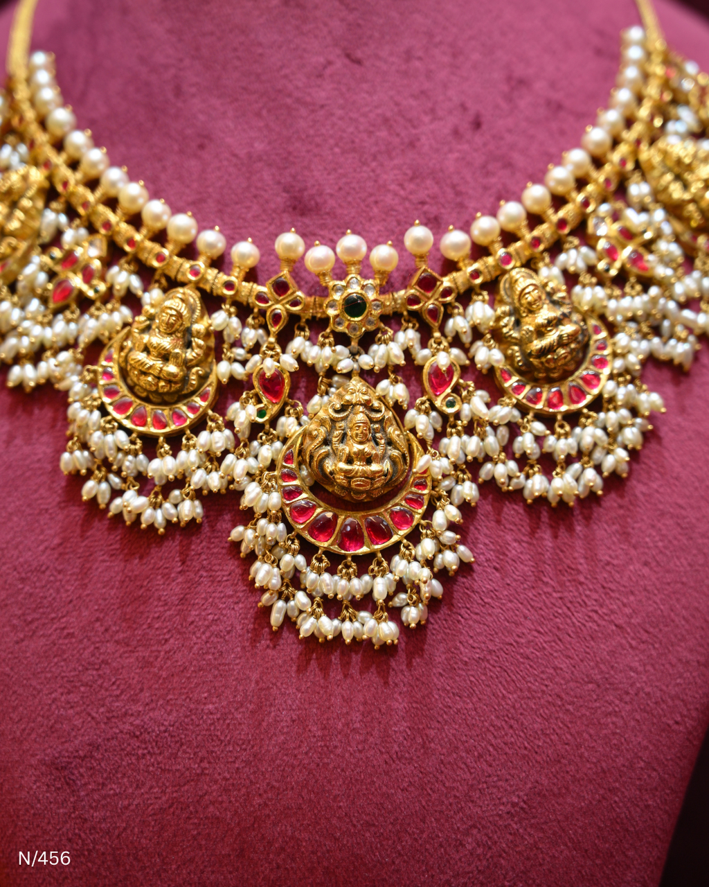 Antique Gold Temple Lakshmi Nakshi, Ruby & Pearl Bridal Necklace | SKU: N/456