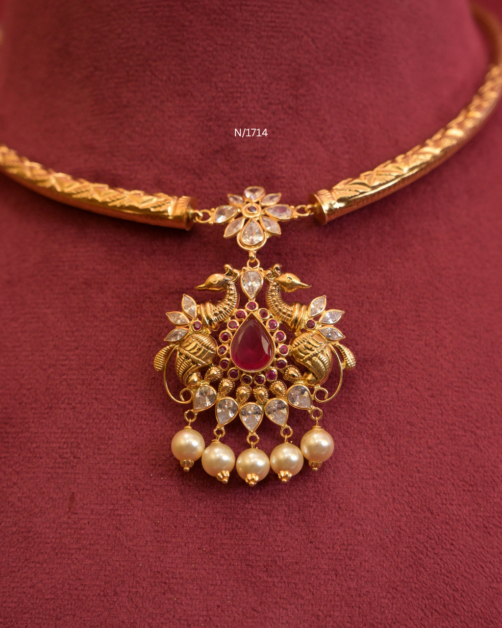 Twin Peacock Nakshi Pendant Tubular Hasli with Teardrop Ruby & Pearl Drops |SKU: N/1714