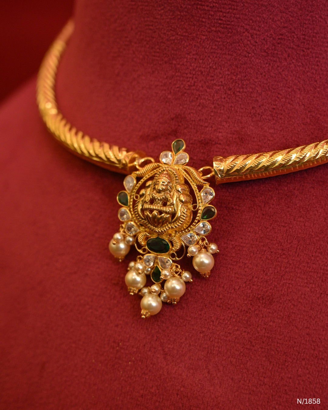 Lakshmi Temple Motif Pendant Kanti with Emeralds & Pearl Drops | SKU: N/1858