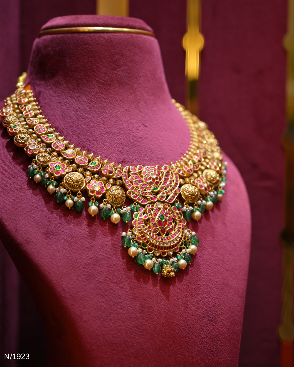 Polki, Ruby, Emerald & Pearl Bridal Statement Necklace | SKU: N/1923