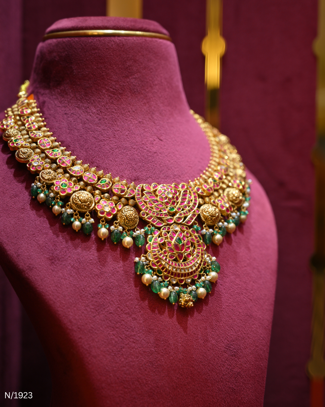 Polki, Ruby, Emerald & Pearl Bridal Statement Necklace | SKU: N/1923