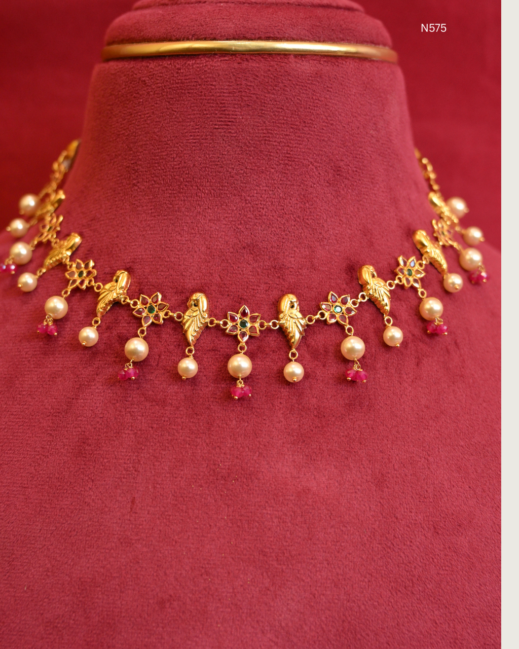 Peacock Nakshi & Floral Station Choker Necklace with Rubies, Emeralds, Pearls & Pink Bead Drops | SKU: N/575