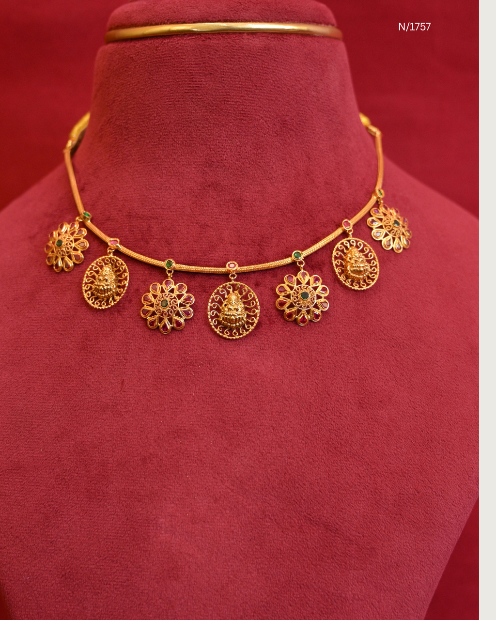 Goddess Lakshmi Coin & Floral Ruby Medallion Station Hasli Choker Necklace | SKU: N/1757