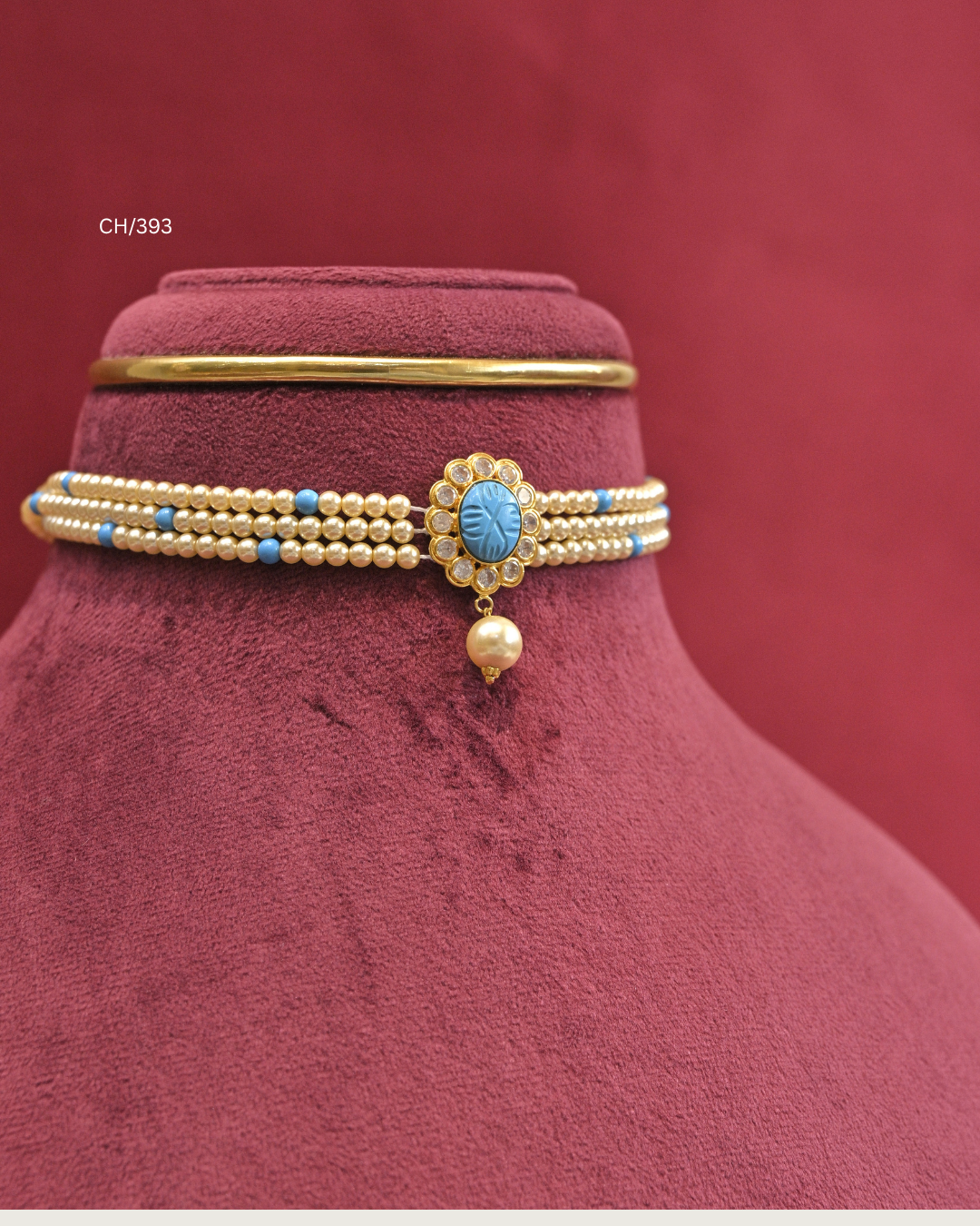 Carved Turquoise Floral Medallion & Pearl Multi-Strand Choker |  SKU: CH/393