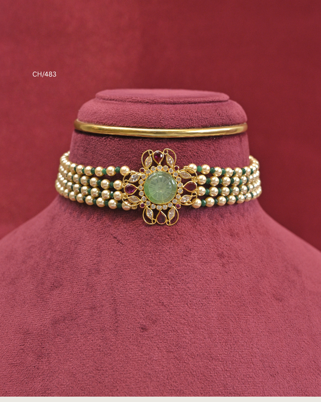 Carved Emerald & Ruby Filigree Medallion Pearl Choker |SKU: CH/483