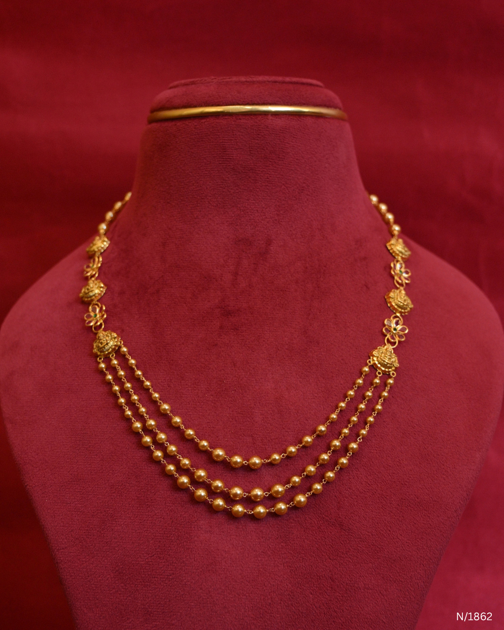 Three-Strand Temple Bead Necklace with Lakshmi & Floral Side Stations | SKU: N/1862