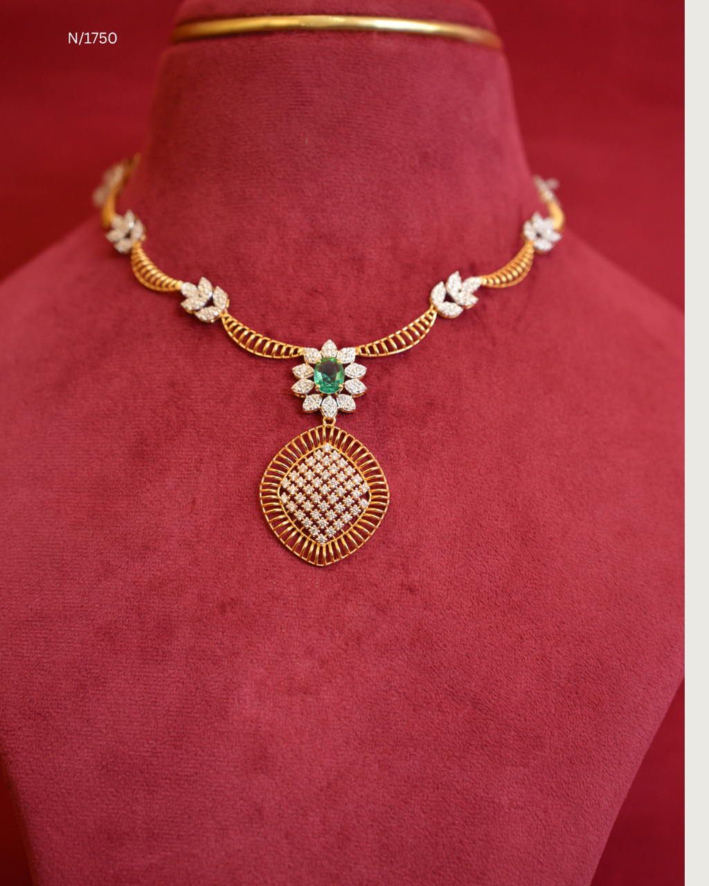 Architectural Rhombus CZ Medallion & Emerald Pendant Hasli-Style Necklace | SKU: N/1750