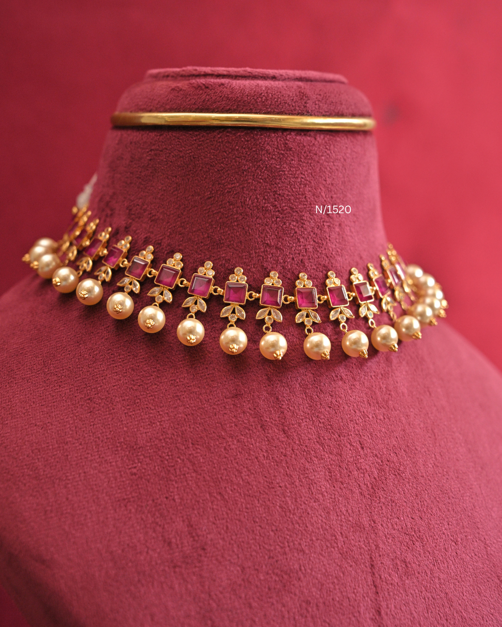 Baguette Ruby & CZ Leaf Necklace with South Sea Pearl Drops |SKU: N/1520