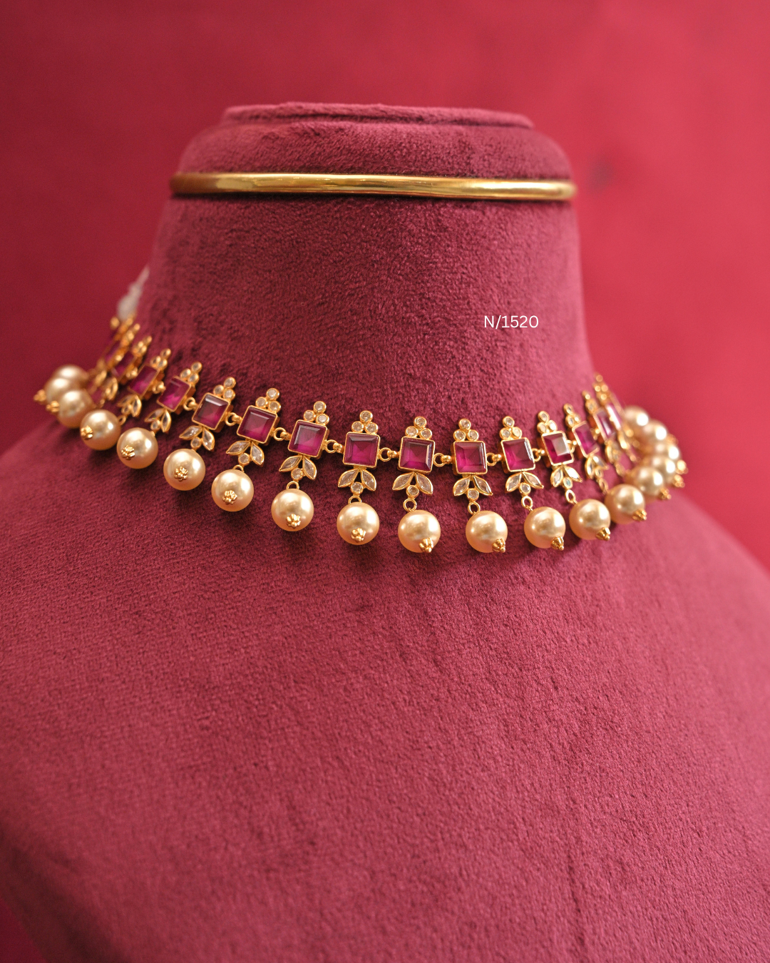Baguette Ruby & CZ Leaf Necklace with South Sea Pearl Drops |SKU: N/1520