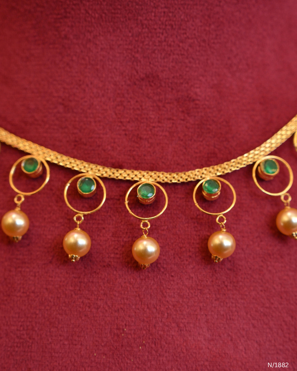 Minimalist Mesh Choker Necklace with Ruby Stations & Pearl Drops | SKU: N/1882