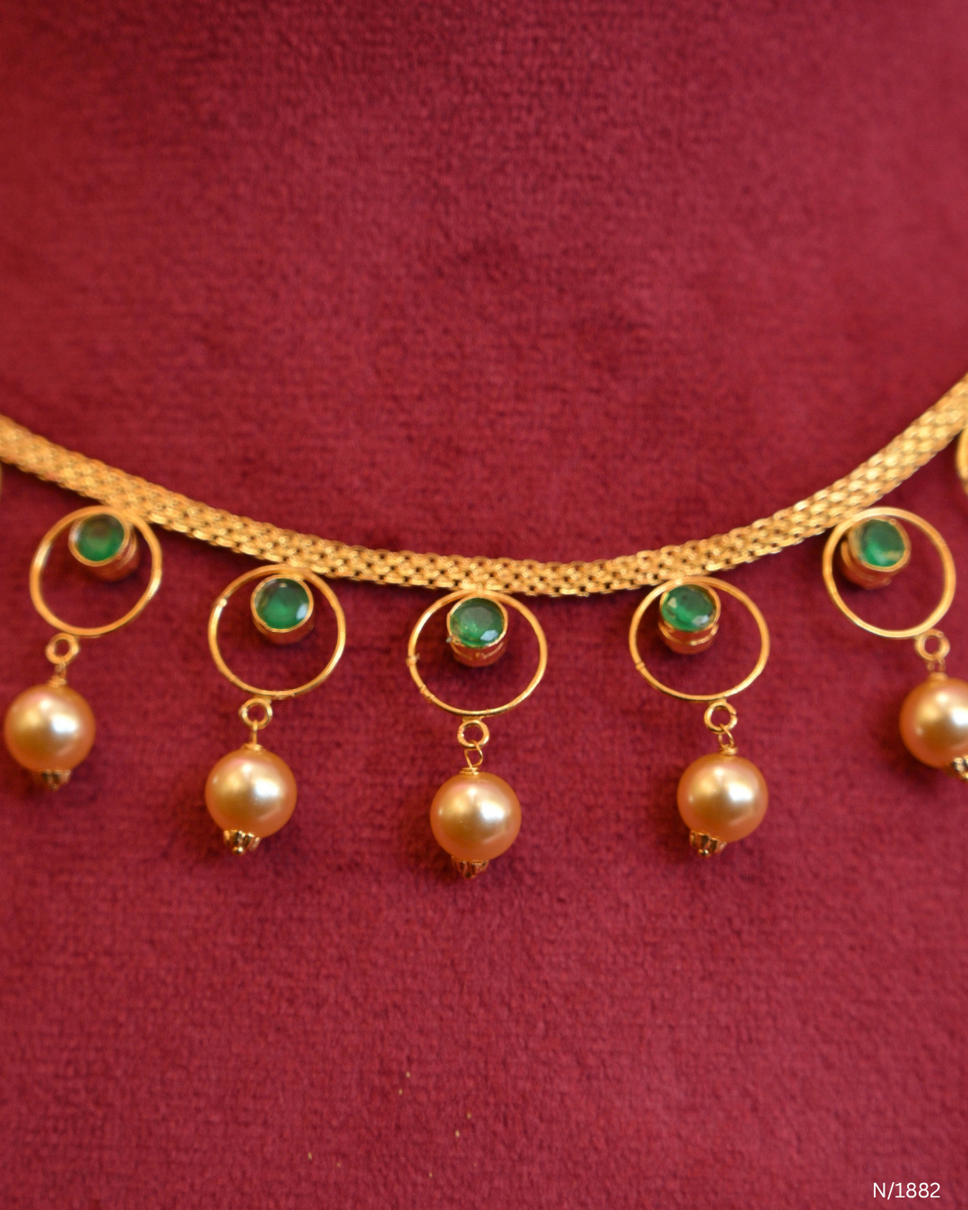 Minimalist Mesh Choker Necklace with Ruby Stations & Pearl Drops | SKU: N/1882