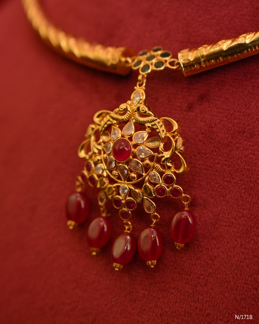 Floral Filigree Pendant Kanti with Rubies & Ruby Bead Drops | SKU: N/1718