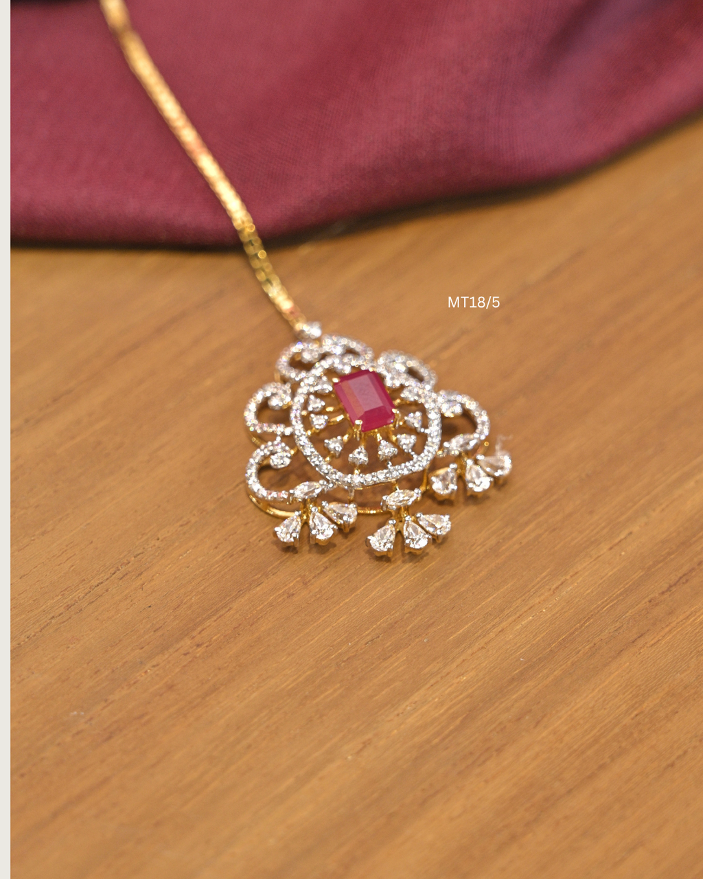 Octagonal Ruby & Floral CZ Filigree Medallion Maang Tikka |SKU: MT18/5