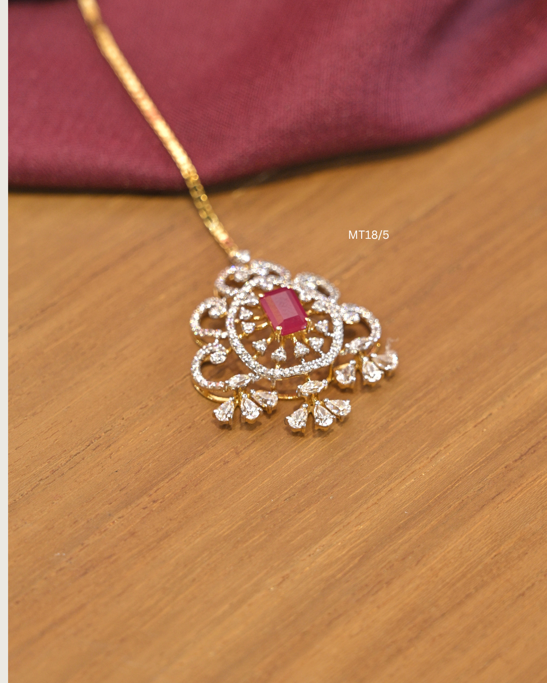 Octagonal Ruby & Floral CZ Filigree Medallion Maang Tikka |SKU: MT18/5
