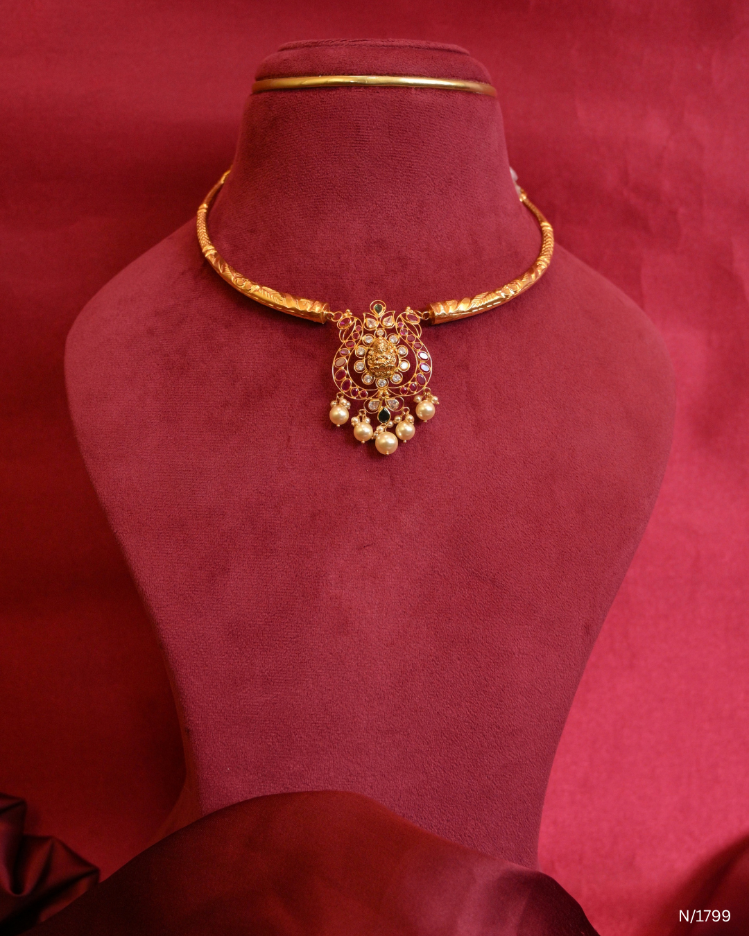 Lakshmi Temple Motif Openwork Pendant Kanti with Rubies & Pearl Drops |SKU: N/1799