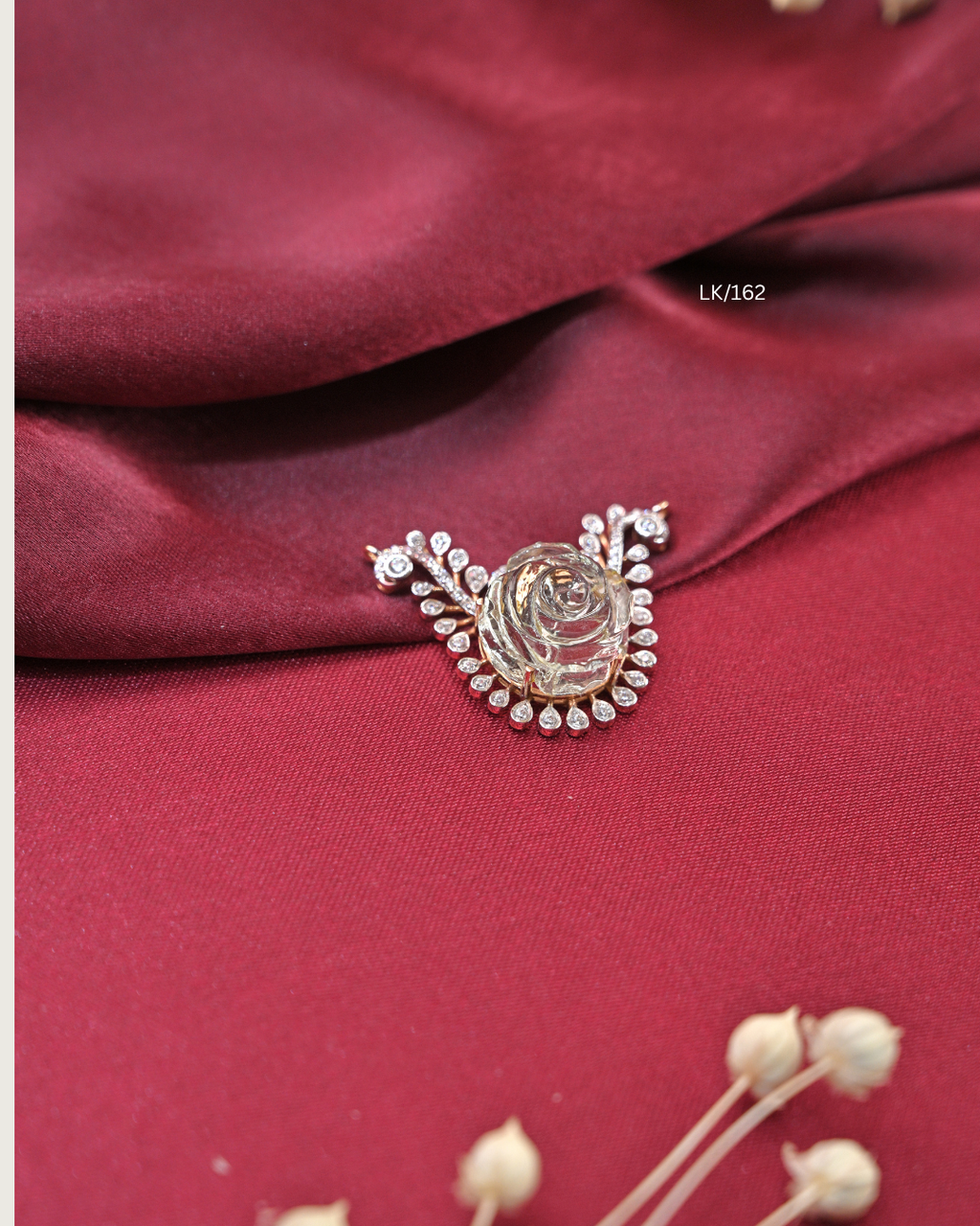 Carved Clear Quartz Rose & CZ Filigree Scroll Pendant | SKU: LK/162