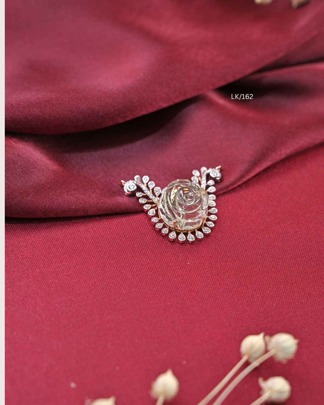 Carved Clear Quartz Rose & CZ Filigree Scroll Pendant | SKU: LK/162