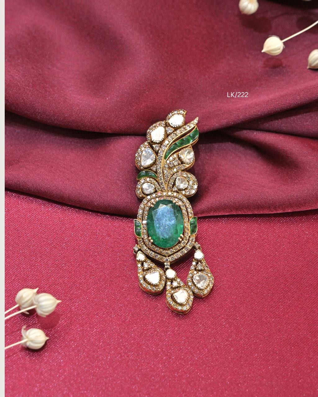 Antique Gold Oval Emerald & Polki Diamond Asymmetrical Pendant | SKU: LK/222