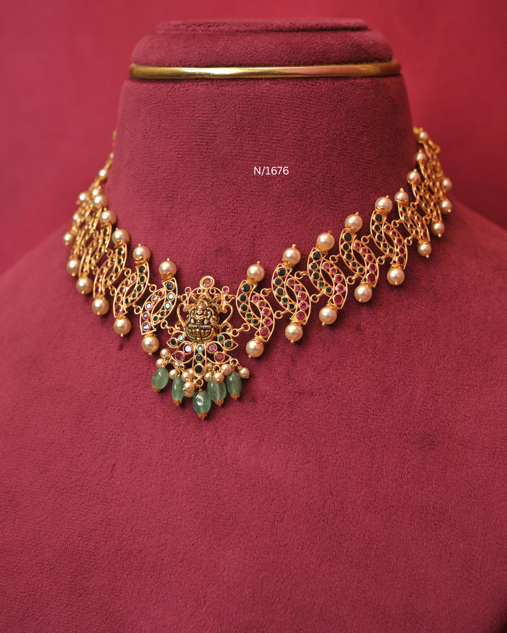 Lakshmi Nakshi Necklace with Ruby, Emerald & Tumbled Bead Drops |SKU: N/1676