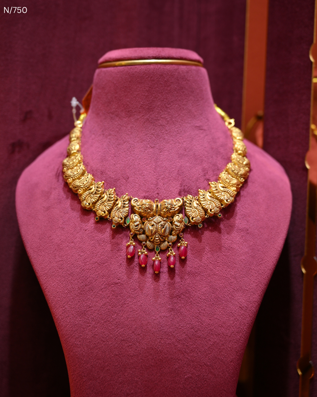 Antique Gold Temple Peacock & Ruby Lightweight Necklace | SKU: N/750