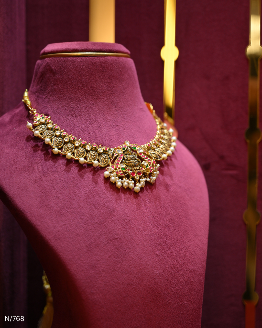 Antique Gold Temple Lakshmi Nakshi, Ruby & Pearl Choker | SKU: N/768