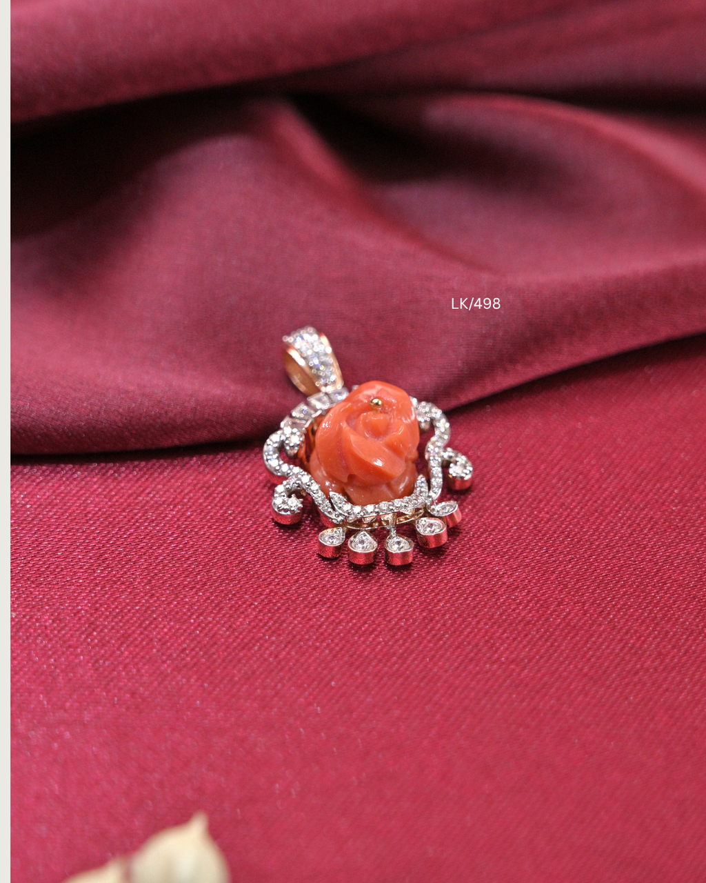 Carved Coral Rose Blossom & CZ Scrollwork Pendant |SKU: LK/498