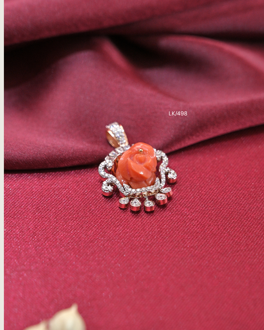 Carved Coral Rose Blossom & CZ Scrollwork Pendant |SKU: LK/498