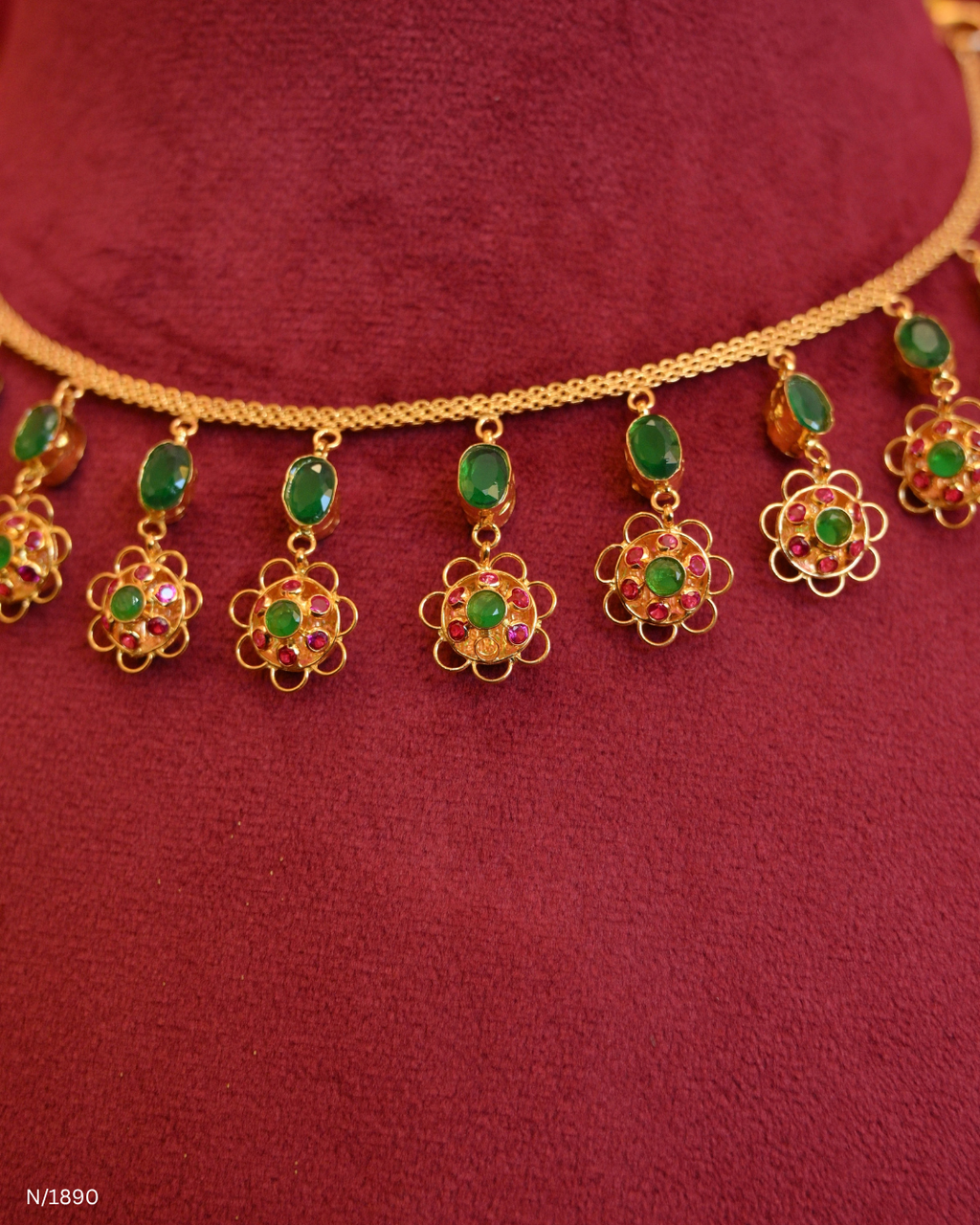 Traditional Emerald Station & Floral Ruby Cluster Dangle Choker Necklace | SKU: N/1890