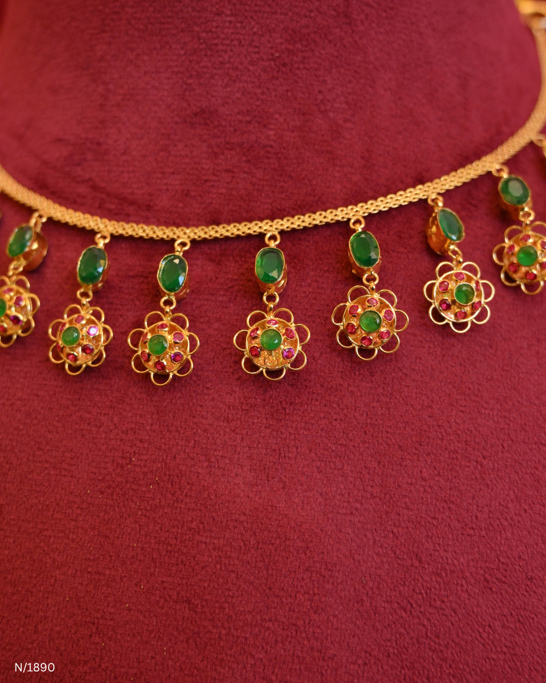 Traditional Emerald Station & Floral Ruby Cluster Dangle Choker Necklace | SKU: N/1890