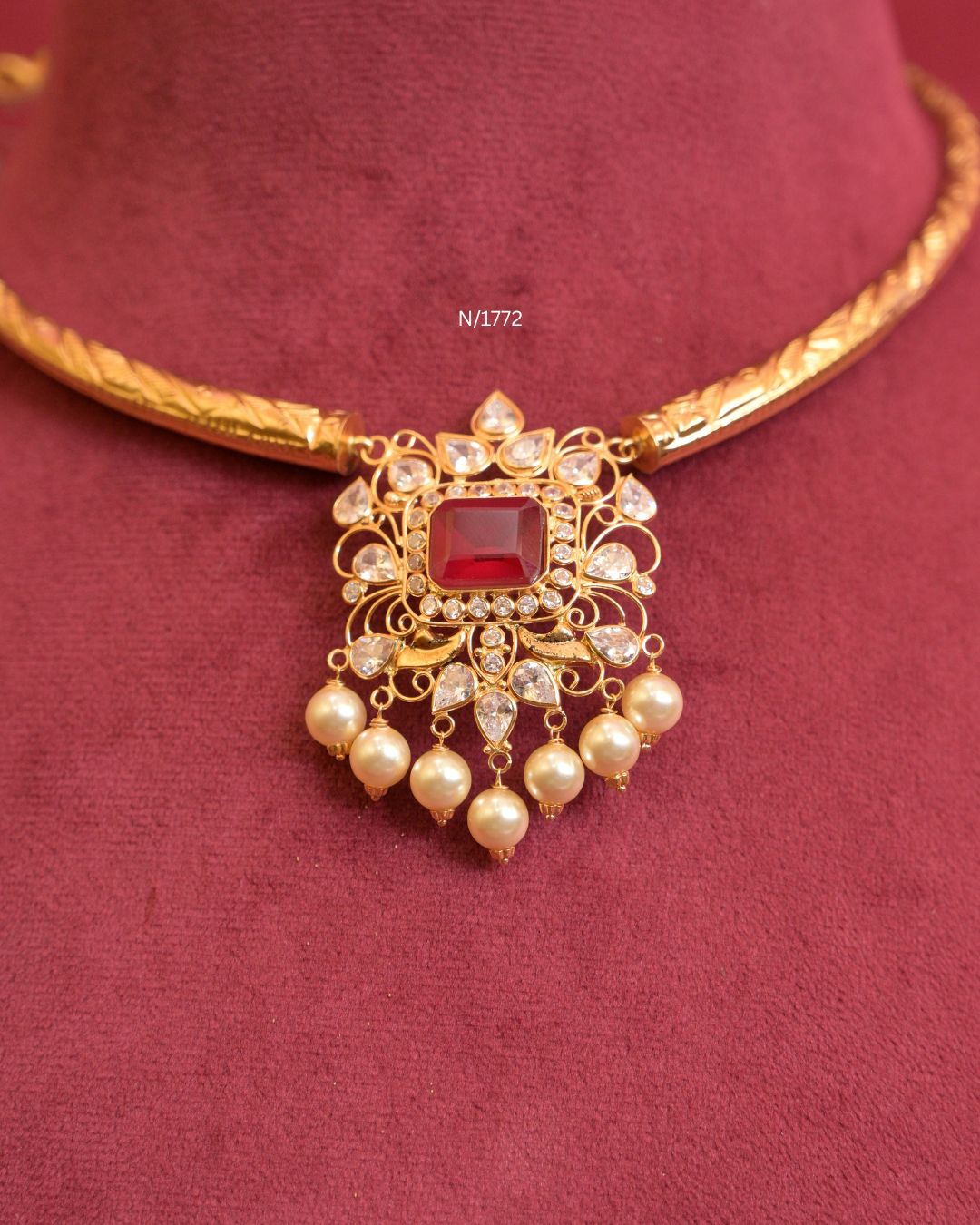 Cushion Ruby & CZ Polki Openwork Pendant Tubular Hasli |SKU: N/1722