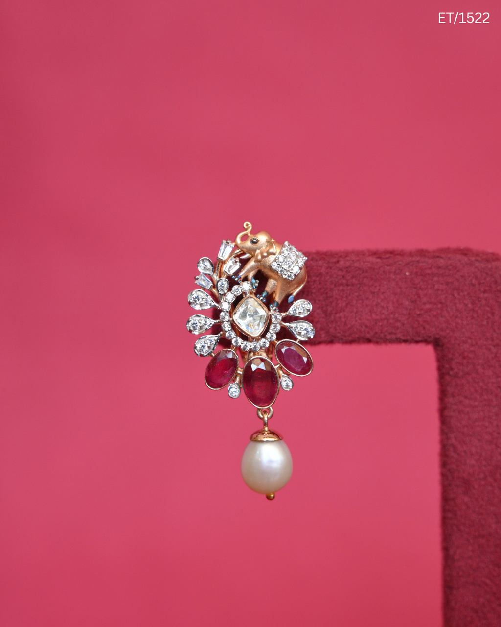 Polki Ruby Elephant Motif & Pearl Drop Earrings | SKU: ET/1522
