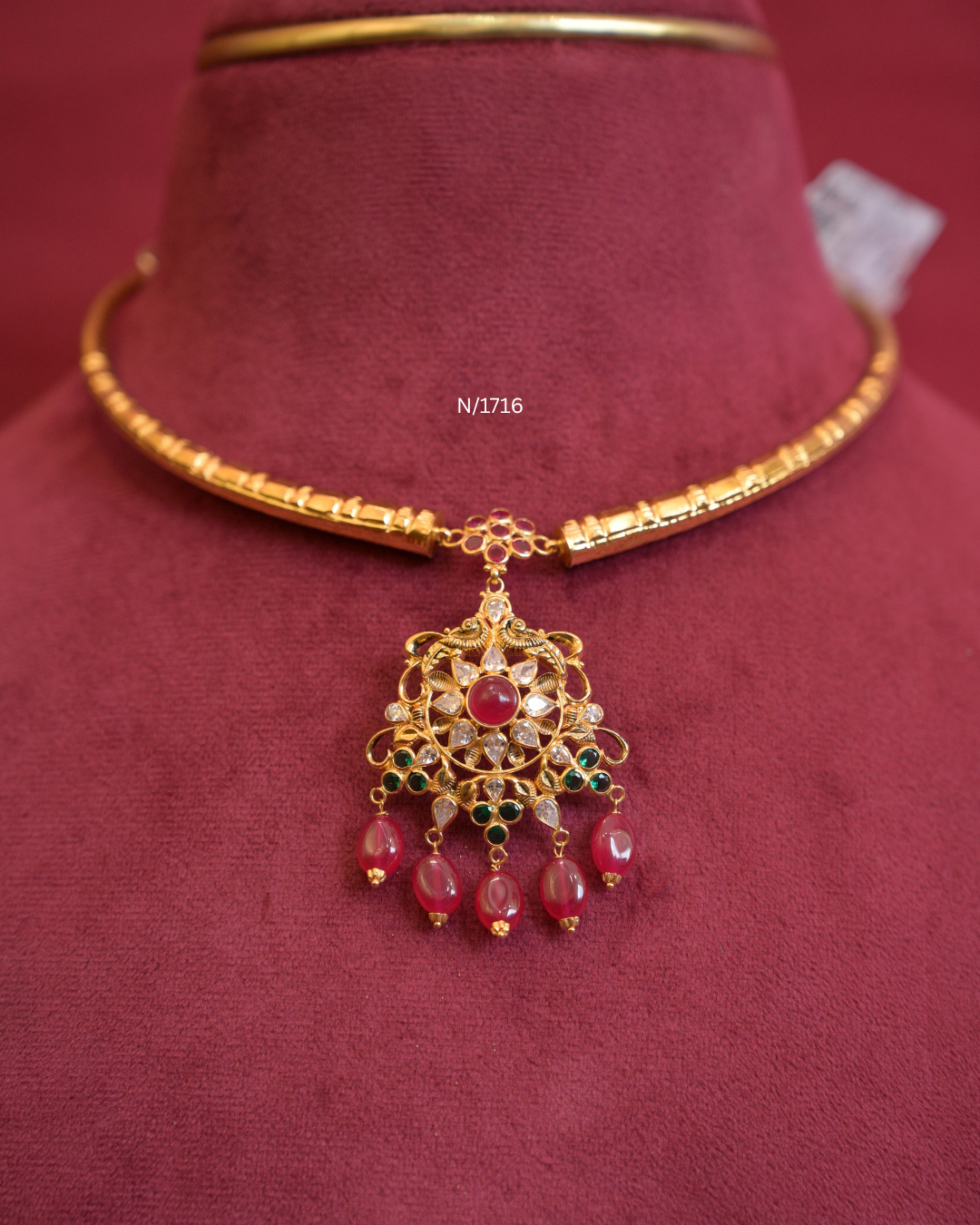 Floral Openwork Pendant Tubular Hasli with Ruby, Emerald & Ruby Bead Drops | SKU: N/1716