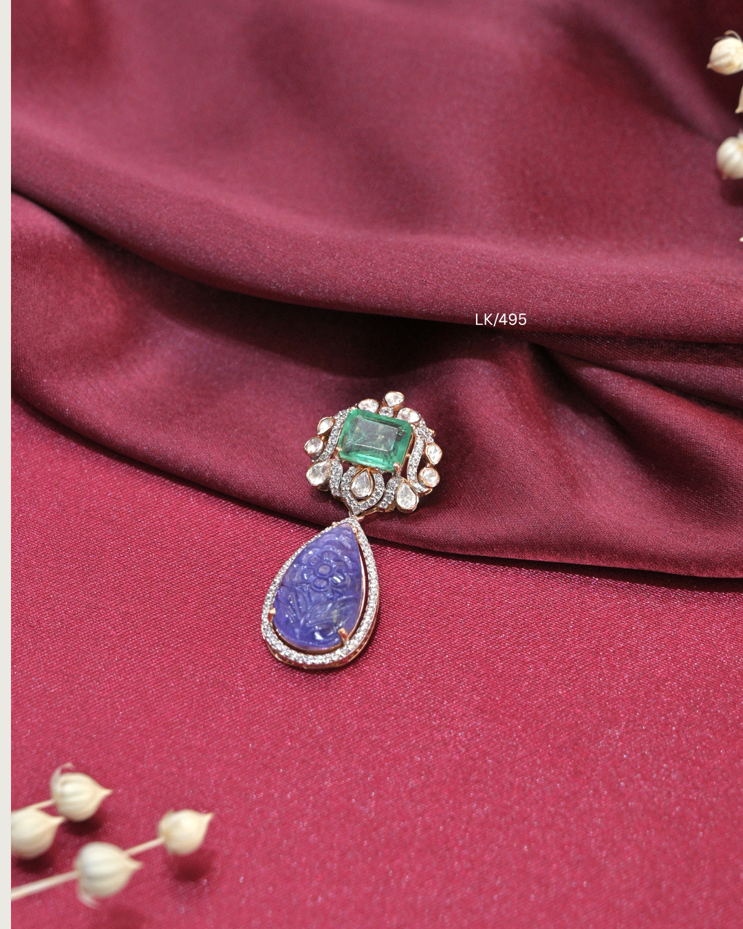Carved Tanzanite Drop & Square Emerald CZ Pendant | SKU: LK/495
