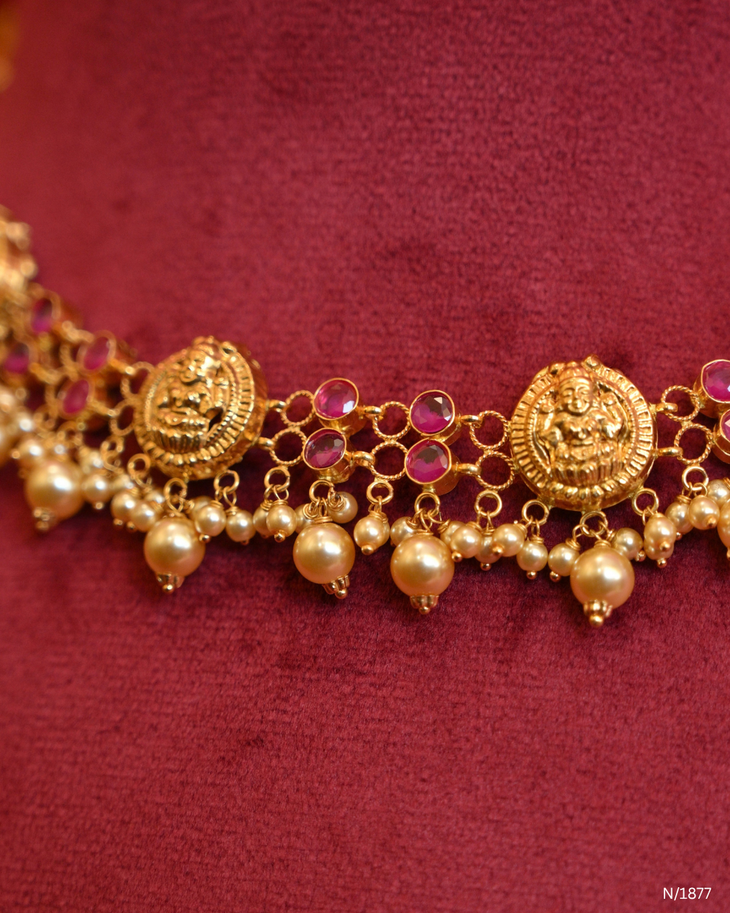 Goddess Lakshmi & Ruby Cabochon Temple Choker Necklace with Pearl Drops | SKU: N/1877