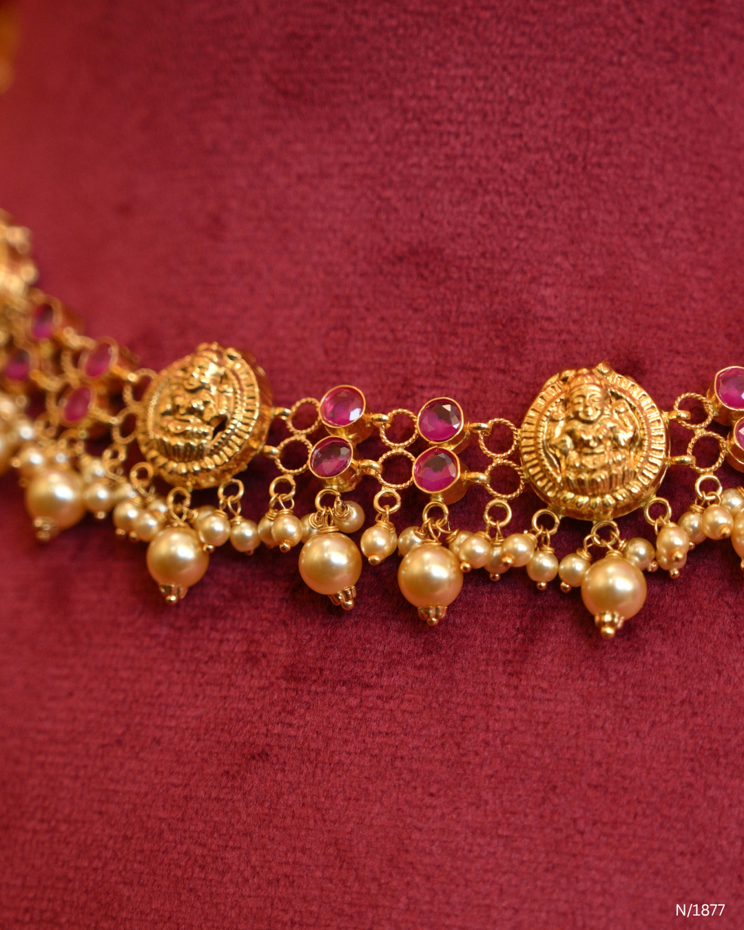 Goddess Lakshmi & Ruby Cabochon Temple Choker Necklace with Pearl Drops | SKU: N/1877