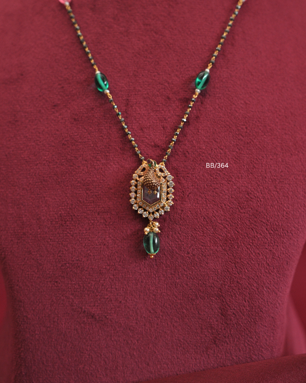CZ Peacock & Carved Gemstone Pendant Mangalsutra with Emerald & Pink Station Beads |SKU: BB/364