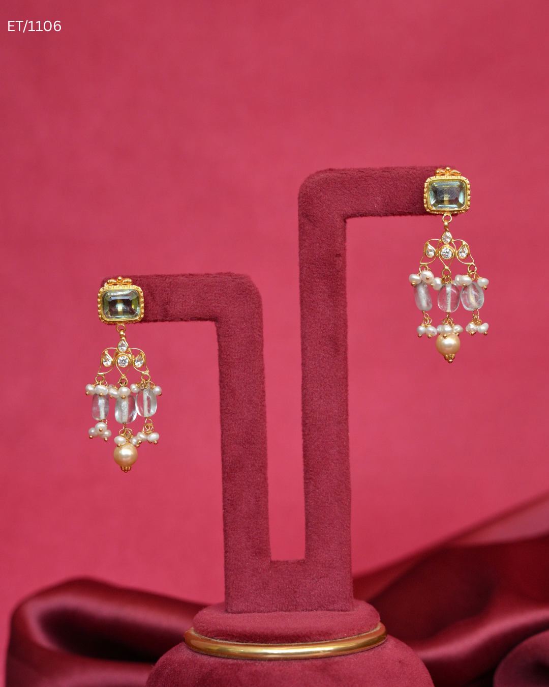 Polki & Mint Gemstone Chandelier Drop Earrings with Pearls | SKU: ET/1106