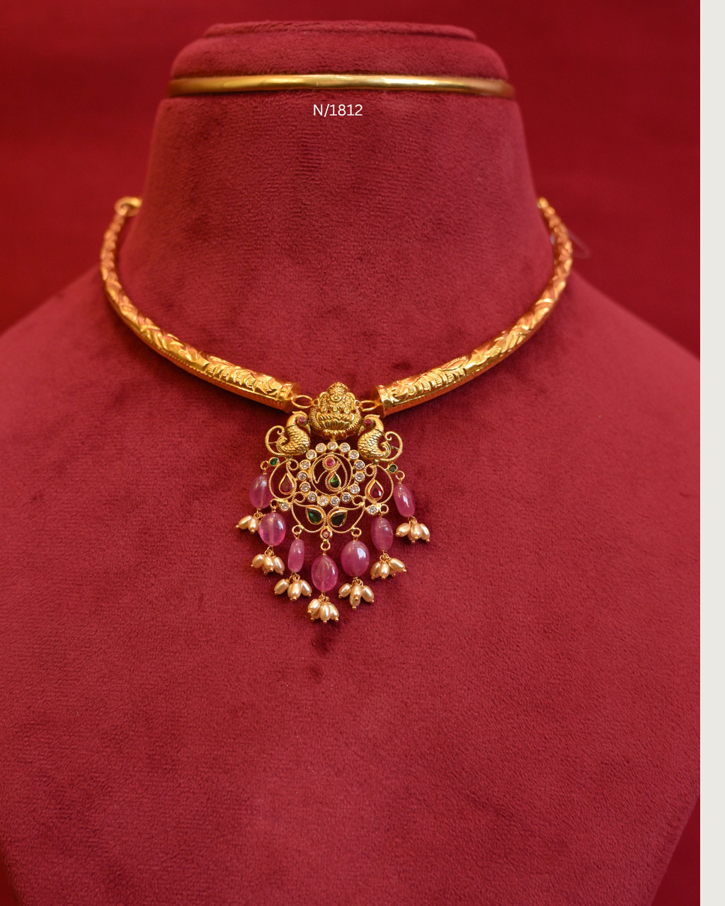 Goddess Lakshmi & Twin Peacock Nakshi Pendant Tubular Hasli Necklace with Rubies, Emeralds, CZ & Pink Ruby Bead Drops | SKU: N/1812