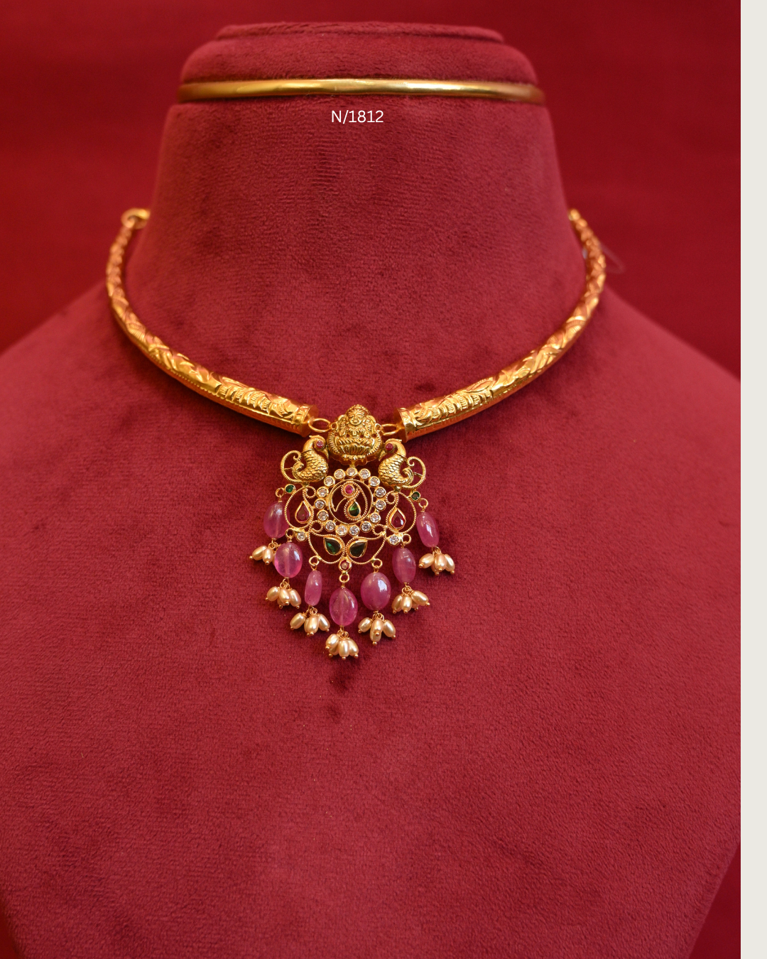 Goddess Lakshmi & Twin Peacock Nakshi Pendant Tubular Hasli Necklace with Rubies, Emeralds, CZ & Pink Ruby Bead Drops | SKU: N/1812