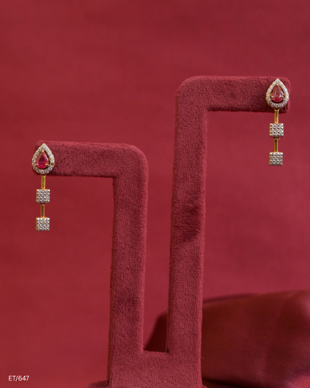 Teardrop Ruby & CZ Pave-Set Linear Dangle Earrings | SKU: ET/647