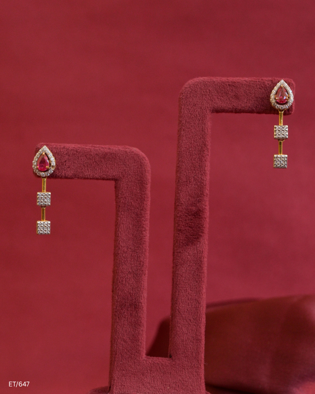 Teardrop Ruby & CZ Pave-Set Linear Dangle Earrings | SKU: ET/647